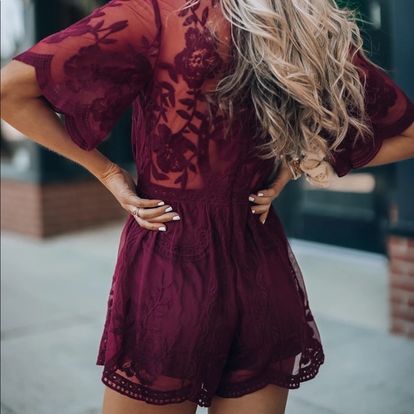 Elegant Burgundy Crochet Lace Romper - Picture 2 of 7